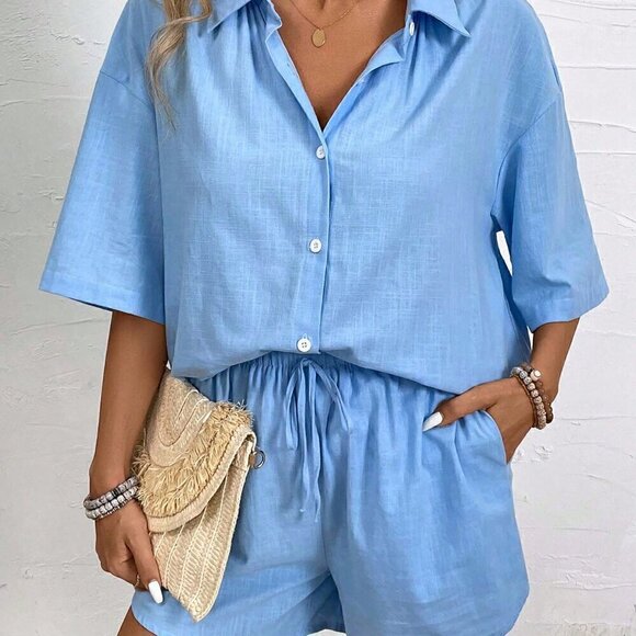 Blue Casual Women's Leisure Solid Color Drop-Shoulder Shirt And And Shorts Set - Picture 5 of 7